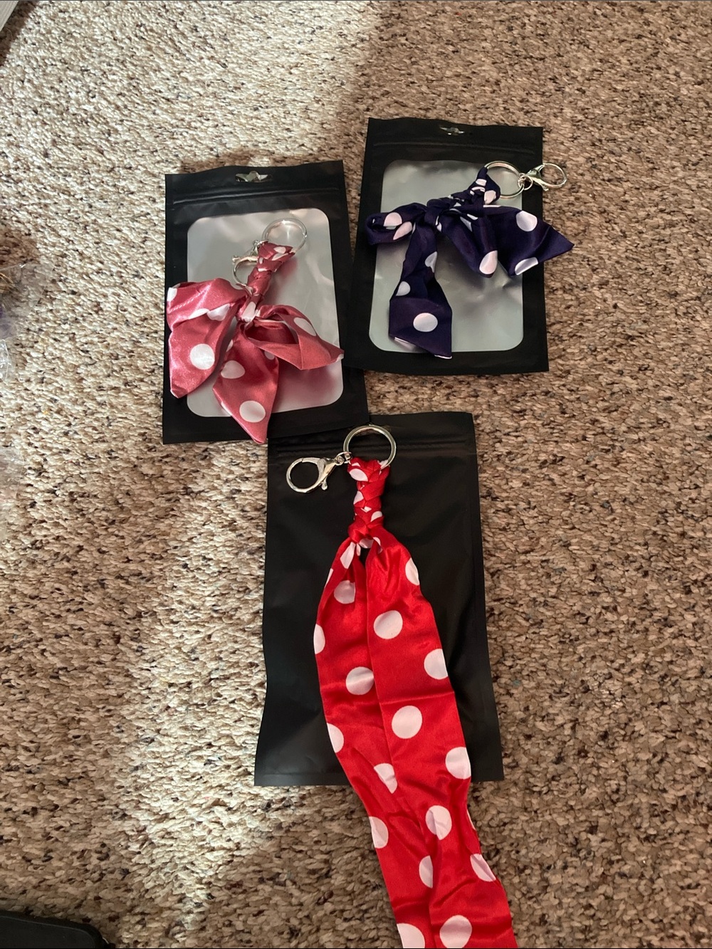 Polka Dot Satin Scarf Keychains - Red, Pink, Navy each sold separately.